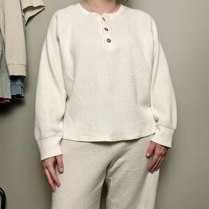 Old Navy White Buttoned Plush Waffle Knit Long Sleeve Top
